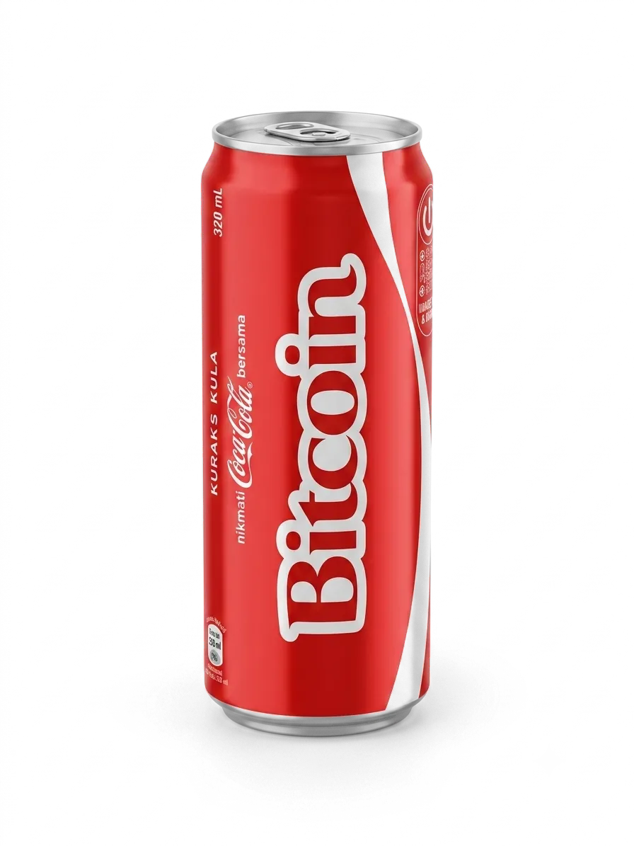 A genuine Coca-Cola can with 'Bitcoin' printed where the name goes